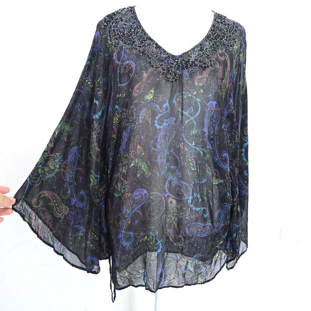 Chico's Black Silk Paisley Beaded Sheer V Neck Flowy Poncho Top Women M / L